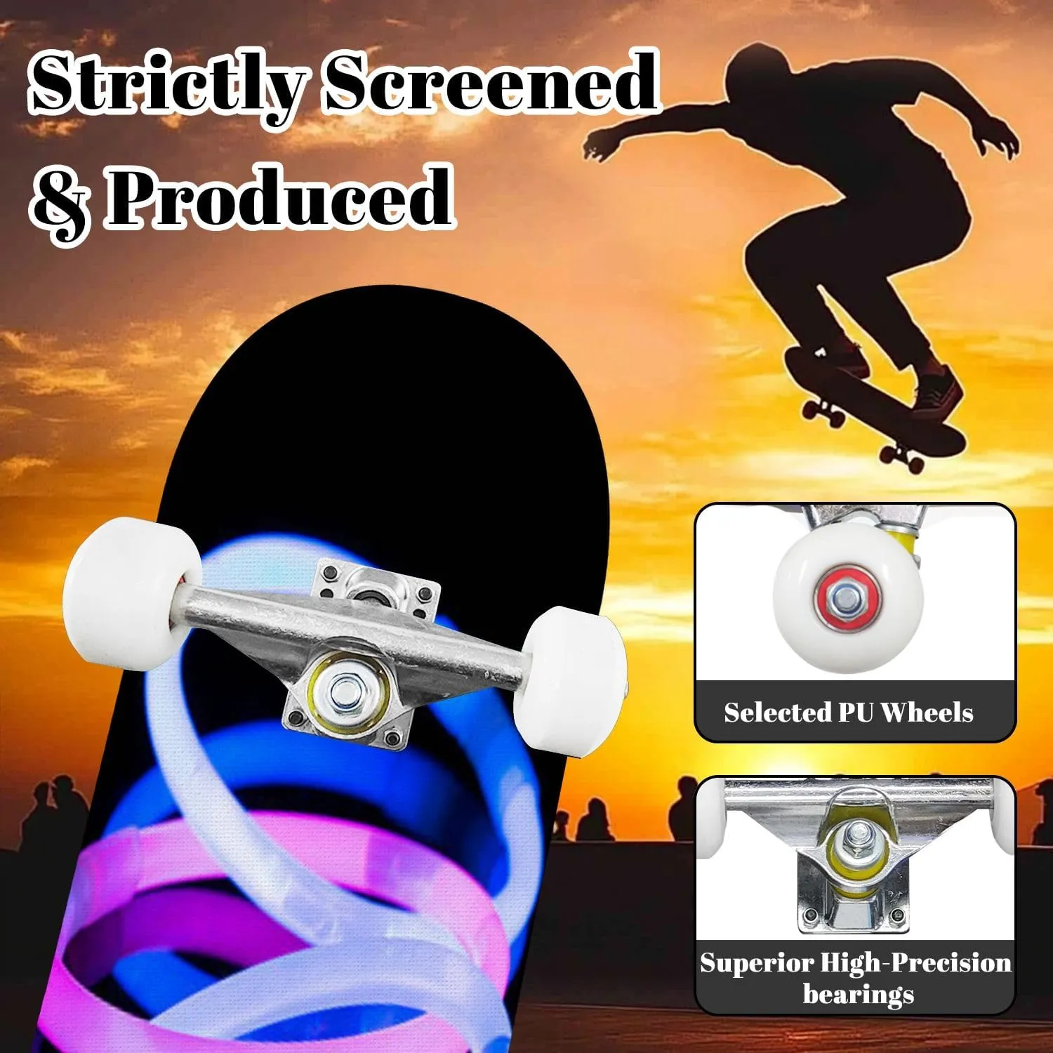 Complete Skateboard with Light Painting Photography Swirls Colourful Light Long Exposure Beginner Skateboard 7-Layer Maple Wood Double Kick Concave Skate Board for Kids, Adults, Teens 31" x 8"