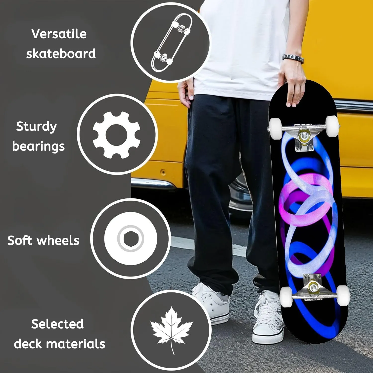 Complete Skateboard with Light Painting Photography Swirls Colourful Light Long Exposure Beginner Skateboard 7-Layer Maple Wood Double Kick Concave Skate Board for Kids, Adults, Teens 31" x 8"