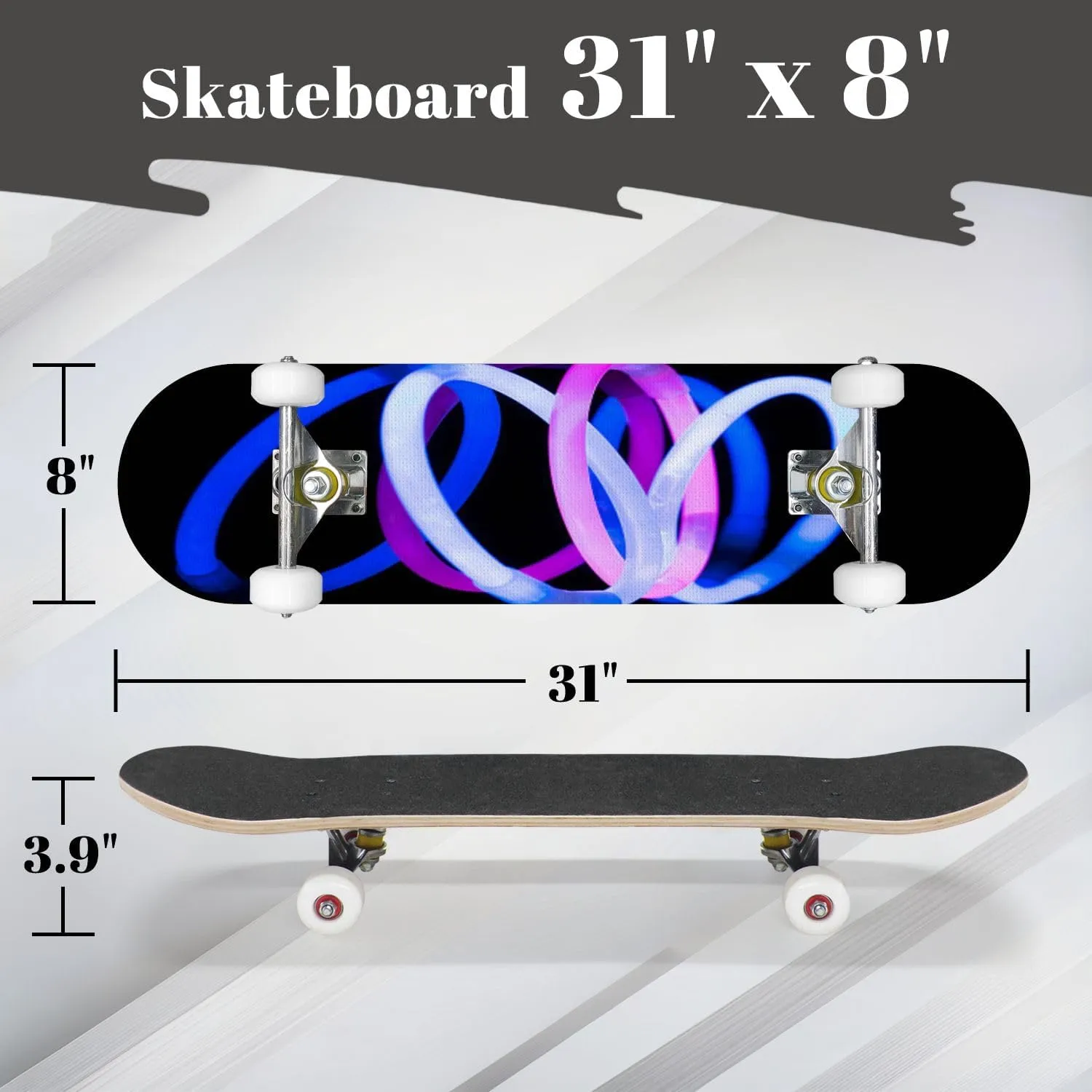 Complete Skateboard with Light Painting Photography Swirls Colourful Light Long Exposure Beginner Skateboard 7-Layer Maple Wood Double Kick Concave Skate Board for Kids, Adults, Teens 31" x 8"