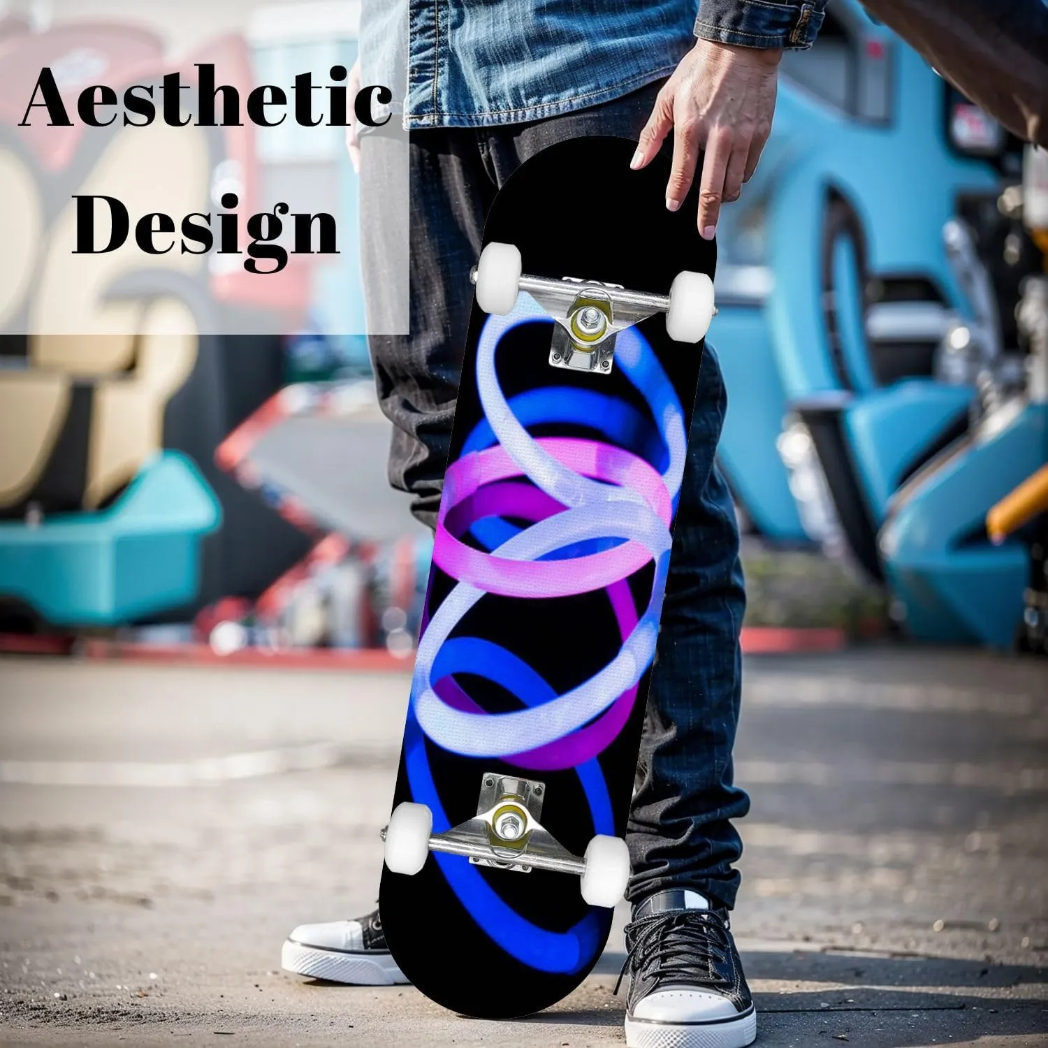 Complete Skateboard with Light Painting Photography Swirls Colourful Light Long Exposure Beginner Skateboard 7-Layer Maple Wood Double Kick Concave Skate Board for Kids, Adults, Teens 31" x 8"
