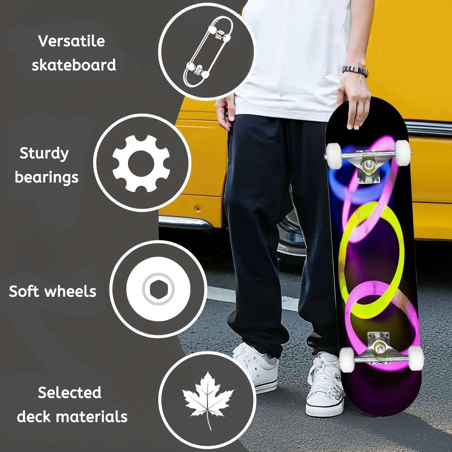 Complete Skateboard with Paper Clip Beginner Skateboard 7-Layer Maple Wood Double Kick Concave Skate Board for Kids, Adults, Teens 31" x 8"