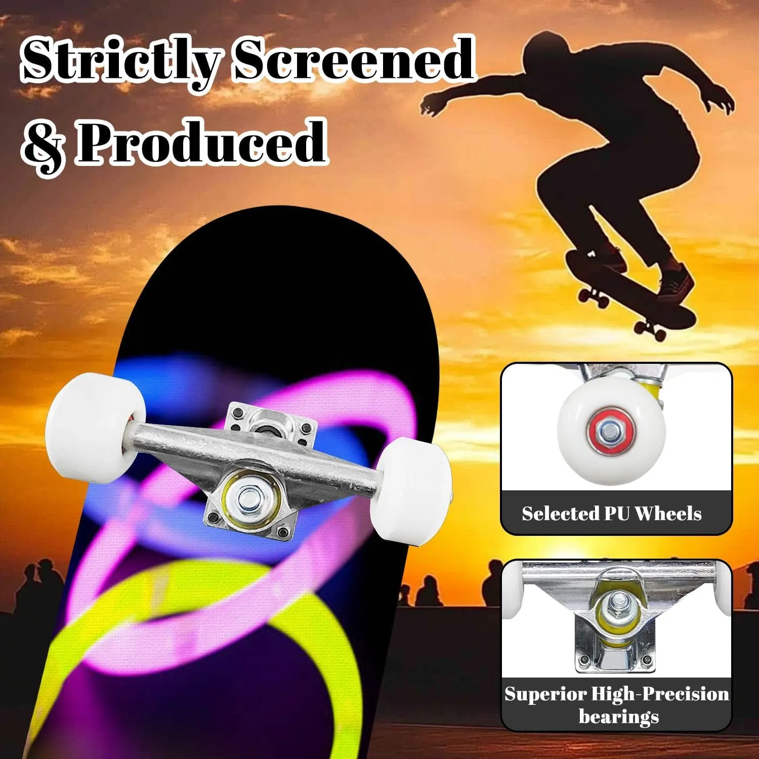 Complete Skateboard with Paper Clip Beginner Skateboard 7-Layer Maple Wood Double Kick Concave Skate Board for Kids, Adults, Teens 31" x 8"