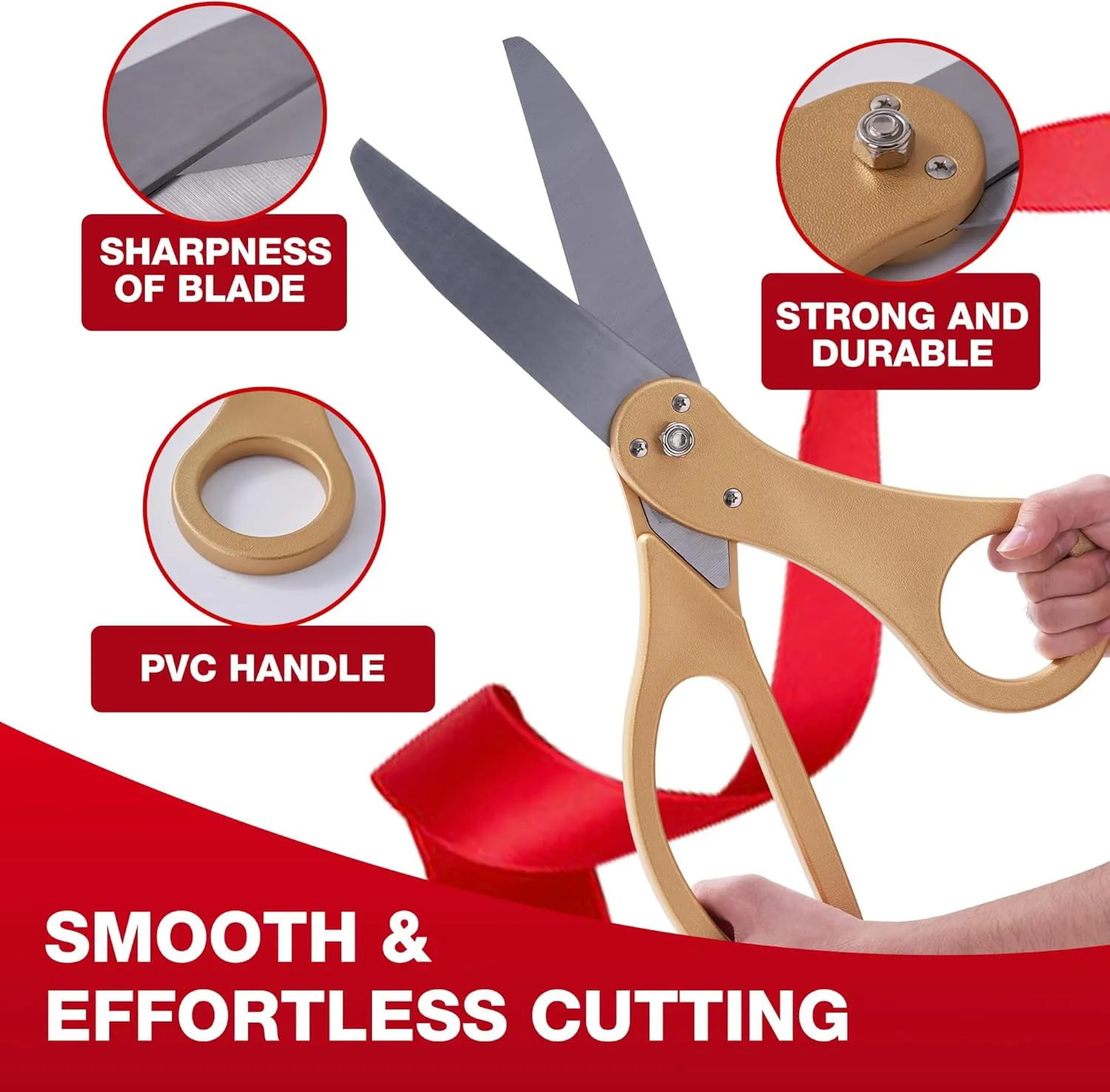 COMSIS Ribbon Cutting Ceremony Kit For Grand Opening 21" Elegant Gold Handled Giant Scissors , 30ft Long 4" Wide Red Ribbon, 10ft Banner, 20 Red & White Balloons, Banner Rope, Balloon Rope