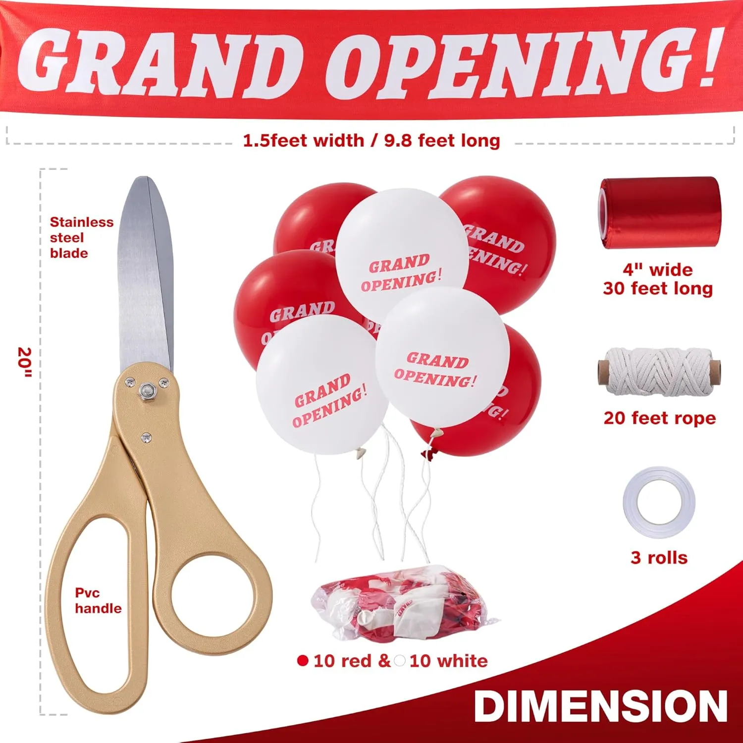 COMSIS Ribbon Cutting Ceremony Kit For Grand Opening 21" Elegant Gold Handled Giant Scissors , 30ft Long 4" Wide Red Ribbon, 10ft Banner, 20 Red & White Balloons, Banner Rope, Balloon Rope