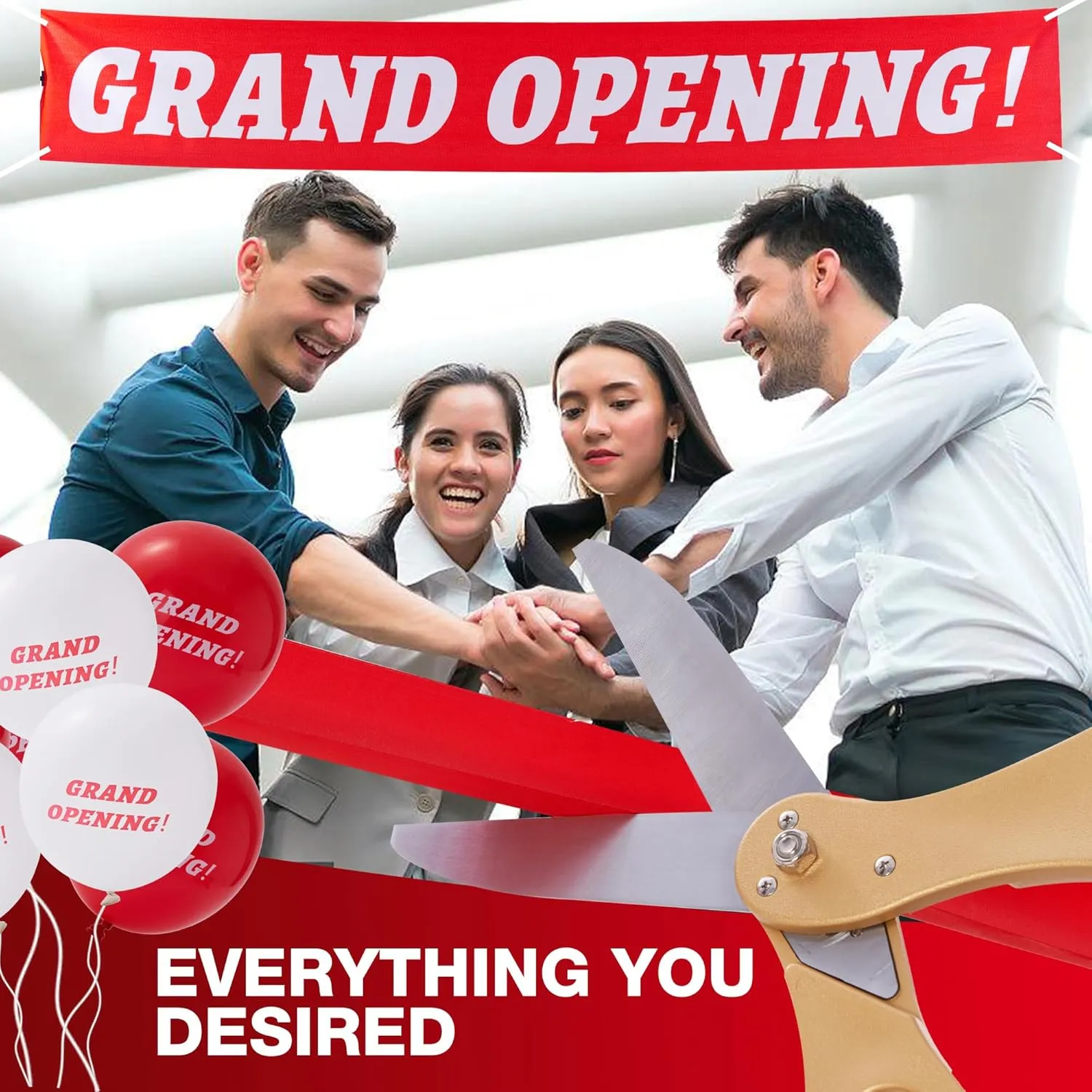 COMSIS Ribbon Cutting Ceremony Kit For Grand Opening 21" Elegant Gold Handled Giant Scissors , 30ft Long 4" Wide Red Ribbon, 10ft Banner, 20 Red & White Balloons, Banner Rope, Balloon Rope