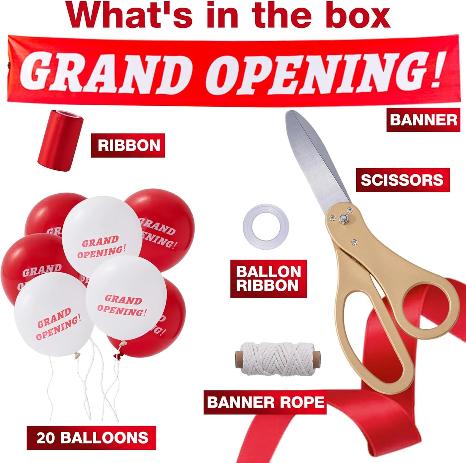 COMSIS Ribbon Cutting Ceremony Kit For Grand Opening 21" Elegant Gold Handled Giant Scissors , 30ft Long 4" Wide Red Ribbon, 10ft Banner, 20 Red & White Balloons, Banner Rope, Balloon Rope