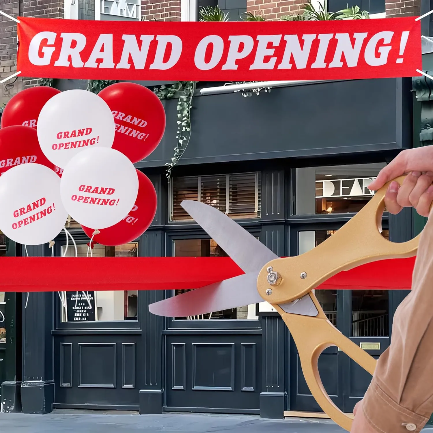 COMSIS Ribbon Cutting Ceremony Kit For Grand Opening 21" Elegant Gold Handled Giant Scissors , 30ft Long 4" Wide Red Ribbon, 10ft Banner, 20 Red & White Balloons, Banner Rope, Balloon Rope