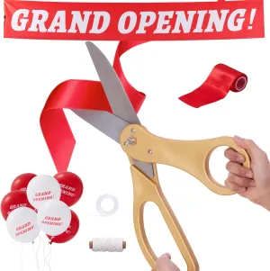 COMSIS Ribbon Cutting Ceremony Kit For Grand Opening 21" Elegant Gold Handled Giant Scissors , 30ft Long 4" Wide Red Ribbon, 10ft Banner, 20 Red & White Balloons, Banner Rope, Balloon Rope