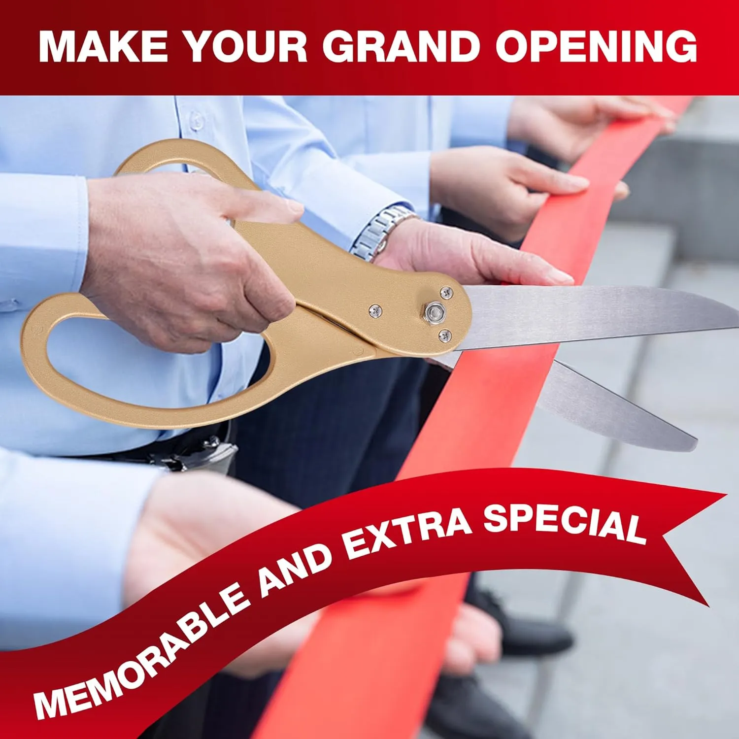 COMSIS Ribbon Cutting Ceremony Kit For Grand Opening 21" Elegant Gold Handled Giant Scissors , 30ft Long 4" Wide Red Ribbon, 10ft Banner, 20 Red & White Balloons, Banner Rope, Balloon Rope