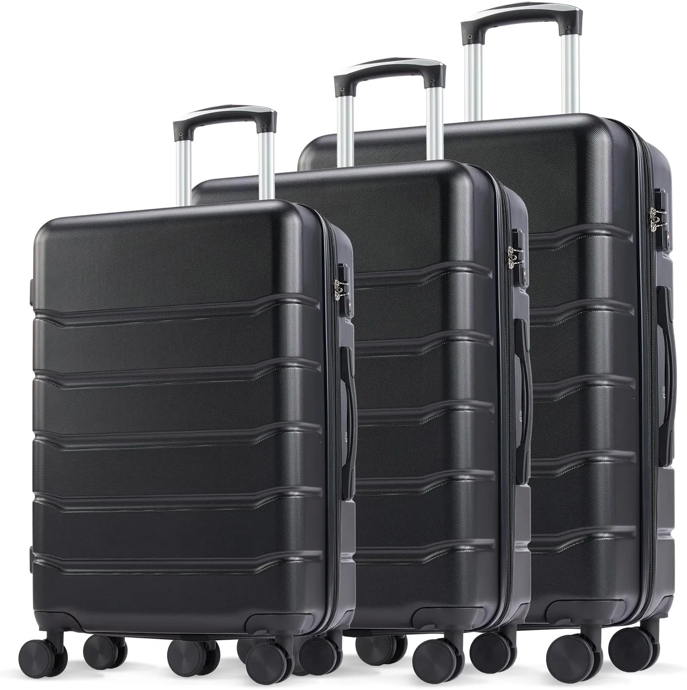 Convenient Travel with Hard-Sided Expandable Suitcase Set, 3-Pack with Smooth Rotating Wheels and Adjustable Handle, Black