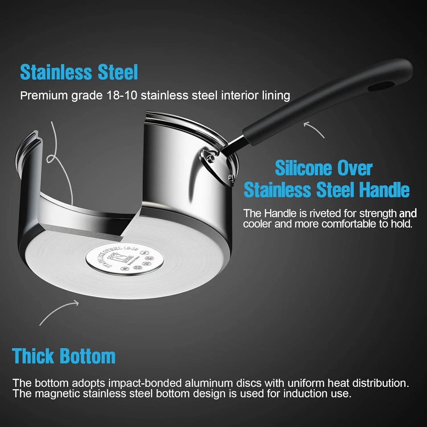 Cook N Home Saucepan Sauce Pot with Lid 2 Quart Stainless Steel , Stay Cool Handle, silver