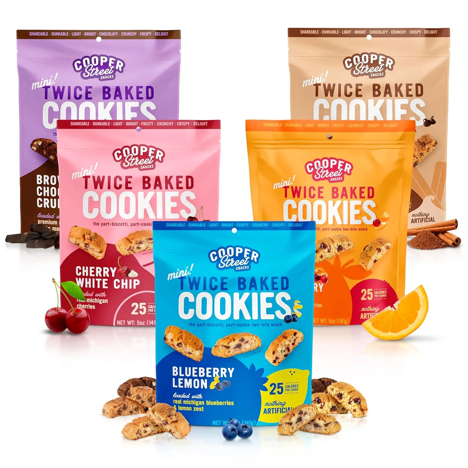 Cooper Street Twice Baked Biscotti Cookies Variety Pack - 5 Pack (5oz Each) - Light and Crispy Coffee Cookies 5 Flavors Assortment - Low-Calorie Snacks for Adults & Kids - Dairy & Peanut Free, Kosher