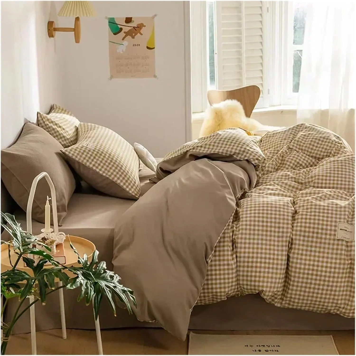 Cotton 3pcs Plaid Duvet Cover Sets,Grid Geometric Pattern Printed Comforter Cover,with Zipper Closure & Corner Ties(B,Twin)