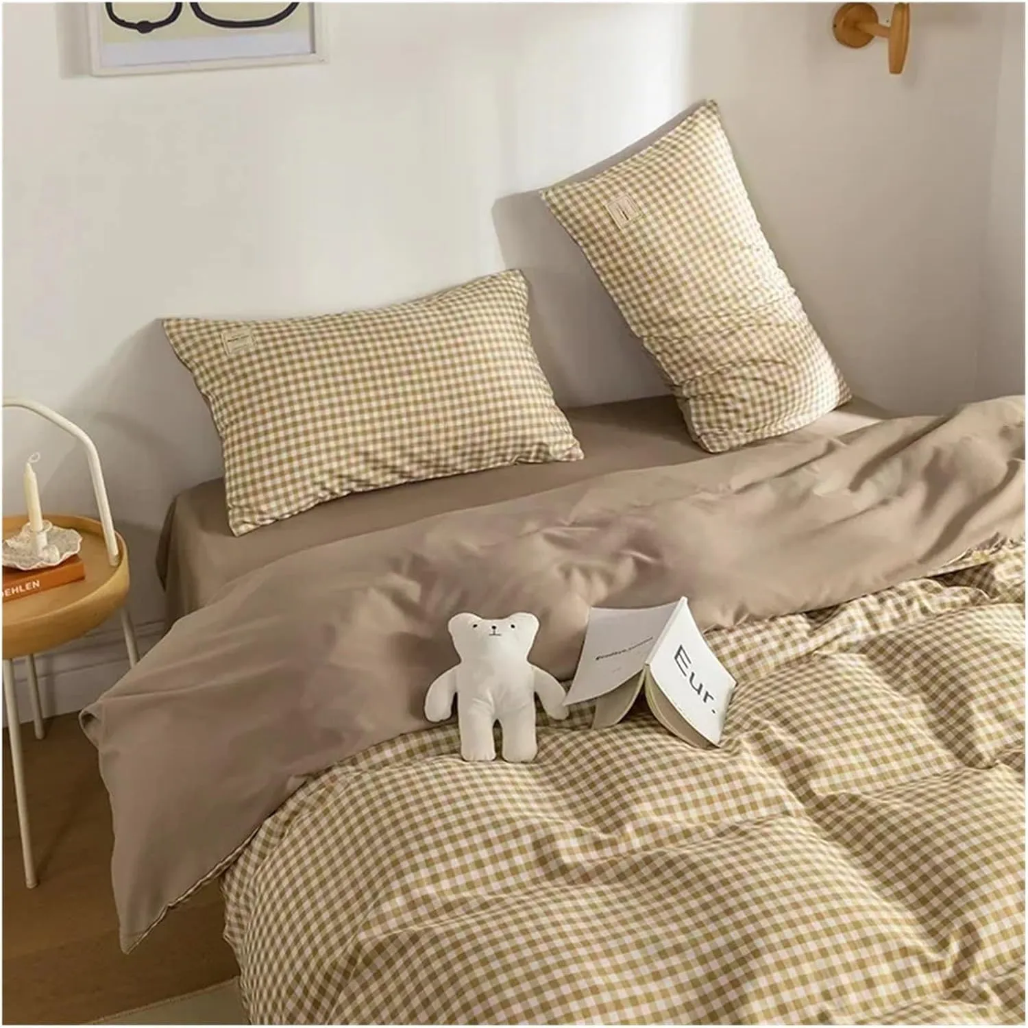 Cotton 3pcs Plaid Duvet Cover Sets,Grid Geometric Pattern Printed Comforter Cover,with Zipper Closure & Corner Ties(B,Twin)