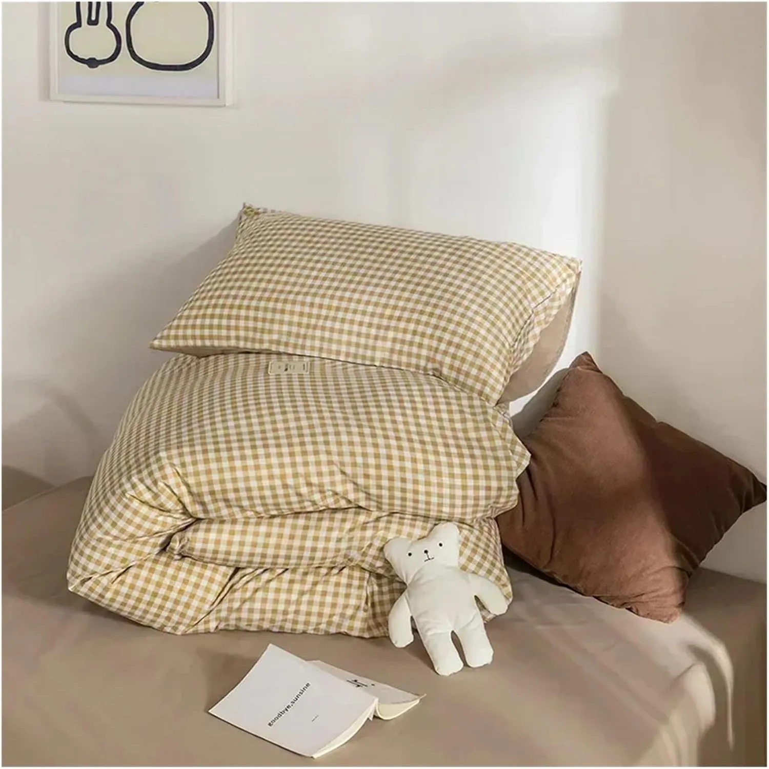 Cotton 3pcs Plaid Duvet Cover Sets,Grid Geometric Pattern Printed Comforter Cover,with Zipper Closure & Corner Ties(B,Twin)