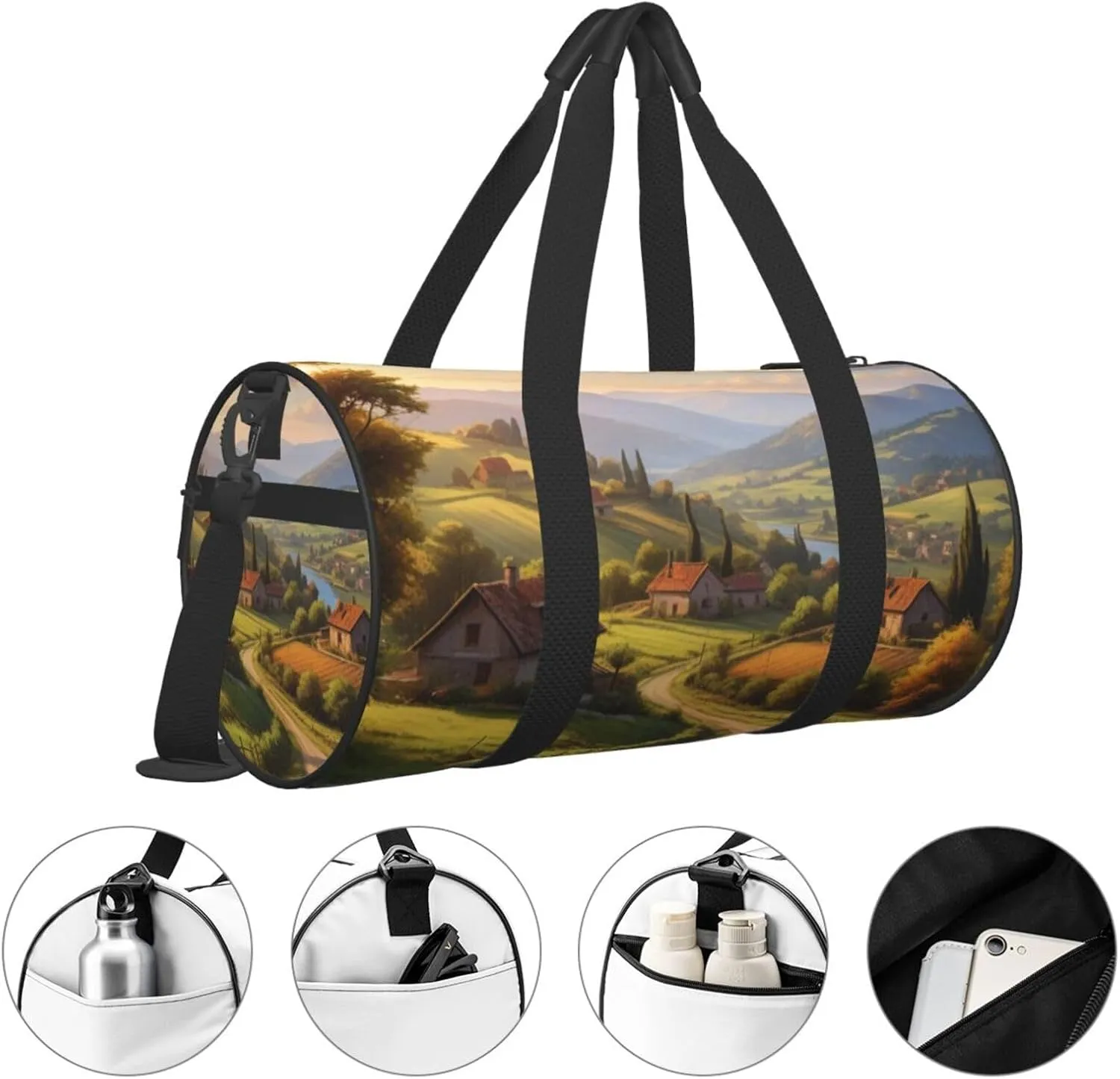 Countryside Road Printed Travel Bag,Round Personal Item Storage bag,Foldie Duffel Bag for Traveling Vacation,Fitness,Sports