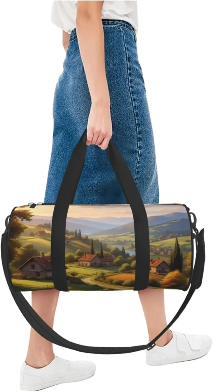 Countryside Road Printed Travel Bag,Round Personal Item Storage bag,Foldie Duffel Bag for Traveling Vacation,Fitness,Sports