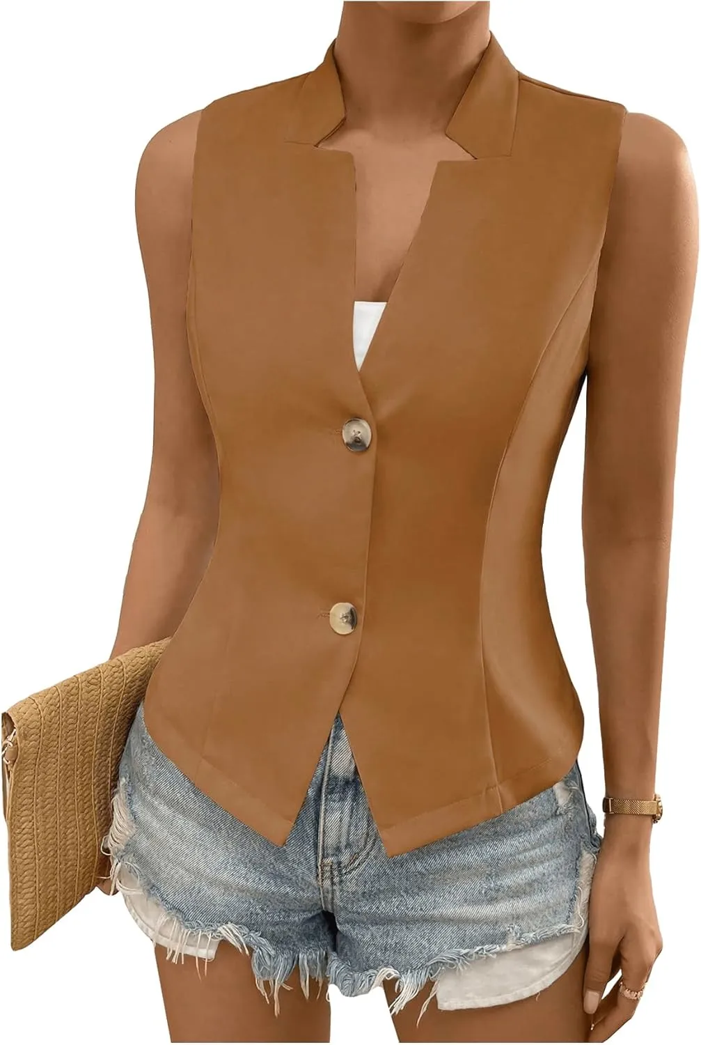 COZYEASE Women's Button Front Sleeveless Tank Top Solid Elegant Summer Blazer Outerwear