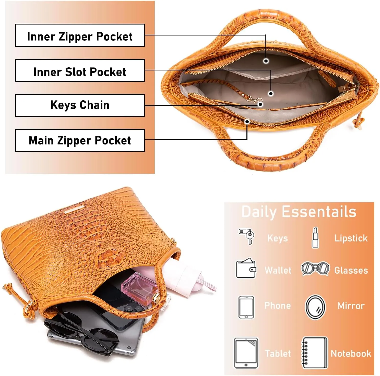 Crocodile Pattern Gradient Top Handle Satchel Large Capacity Tote Bag Casual Versatile Commuter Bag Leather