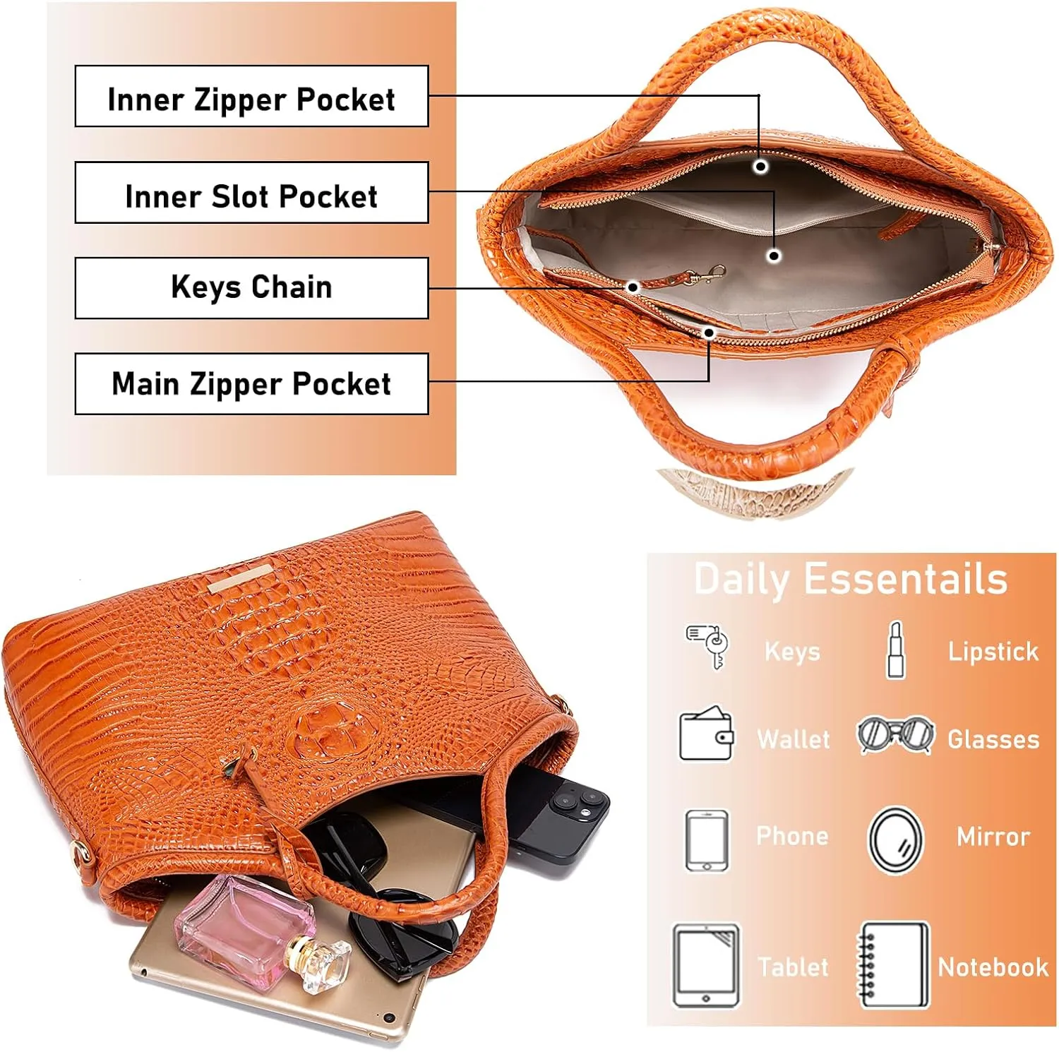 Crocodile Pattern Gradient Top Handle Satchel Large Capacity Tote Bag Casual Versatile Commuter Bag Leather
