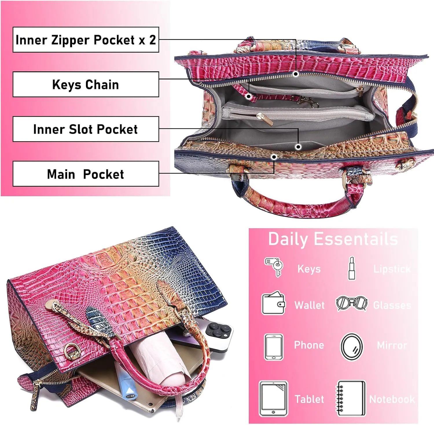 Crocodile Pattern Gradient Top Handle Satchel Large Capacity Tote Bag