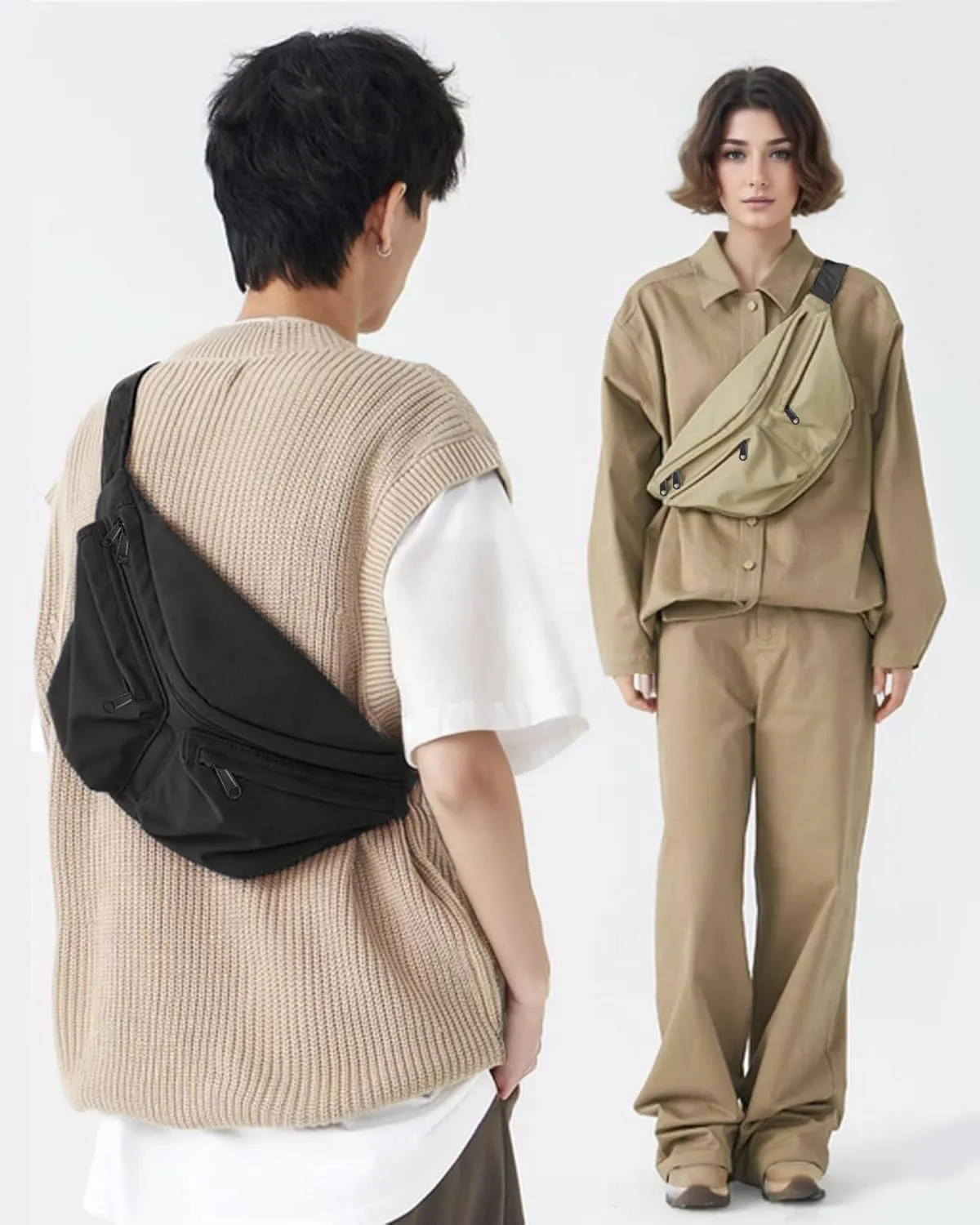 Crossbody Bag Fanny Packs for Men Women, Large Belt Bag With 5-Zipper Pockets, Sling Bag, Waist Pack with Adjustable Strap for Travel - Khaki (2.2L)