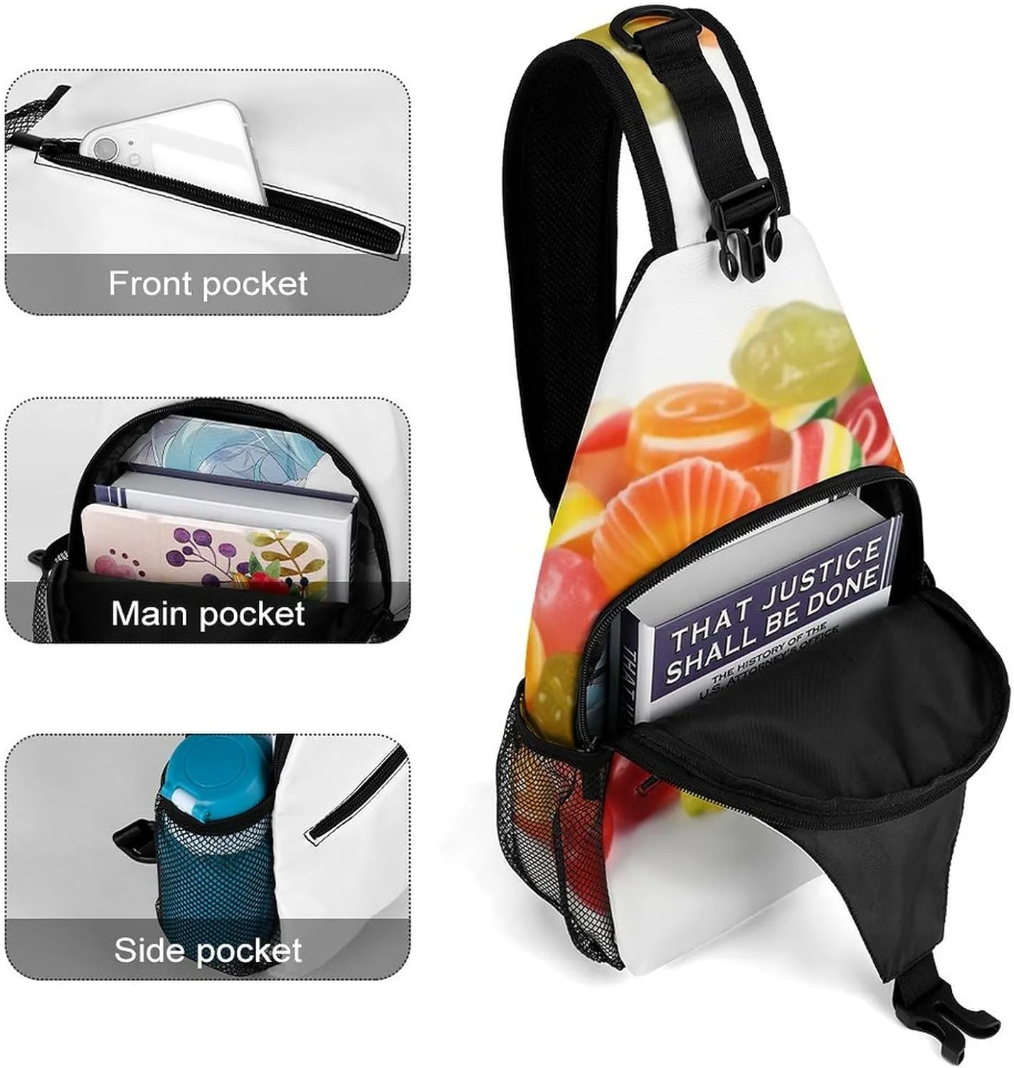 Crossbody Bag Travel Sling Bag for Men Small Sling Backpack Fruit Candies Chest Bag Shoulder Bag for Outdoor, 38x20cm