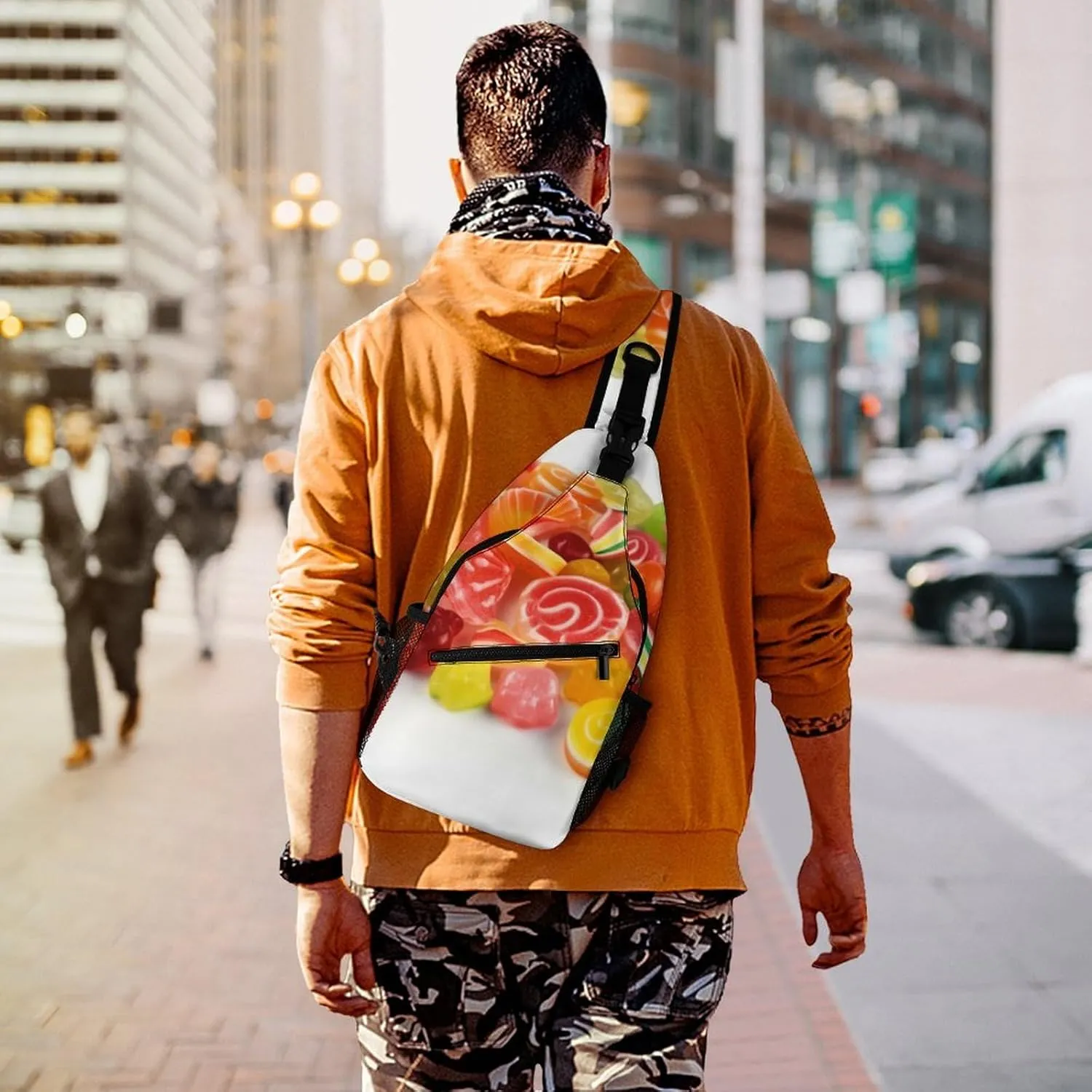Crossbody Bag Travel Sling Bag for Men Small Sling Backpack Fruit Candies Chest Bag Shoulder Bag for Outdoor, 38x20cm