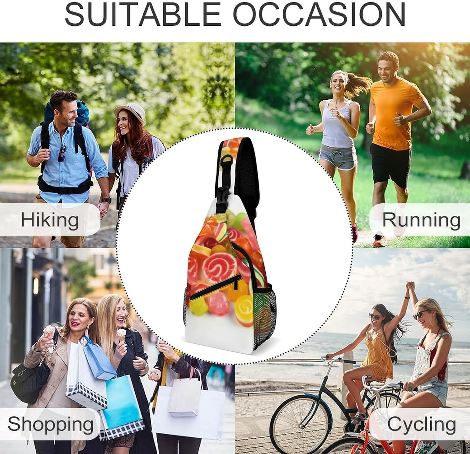 Crossbody Bag Travel Sling Bag for Men Small Sling Backpack Fruit Candies Chest Bag Shoulder Bag for Outdoor, 38x20cm