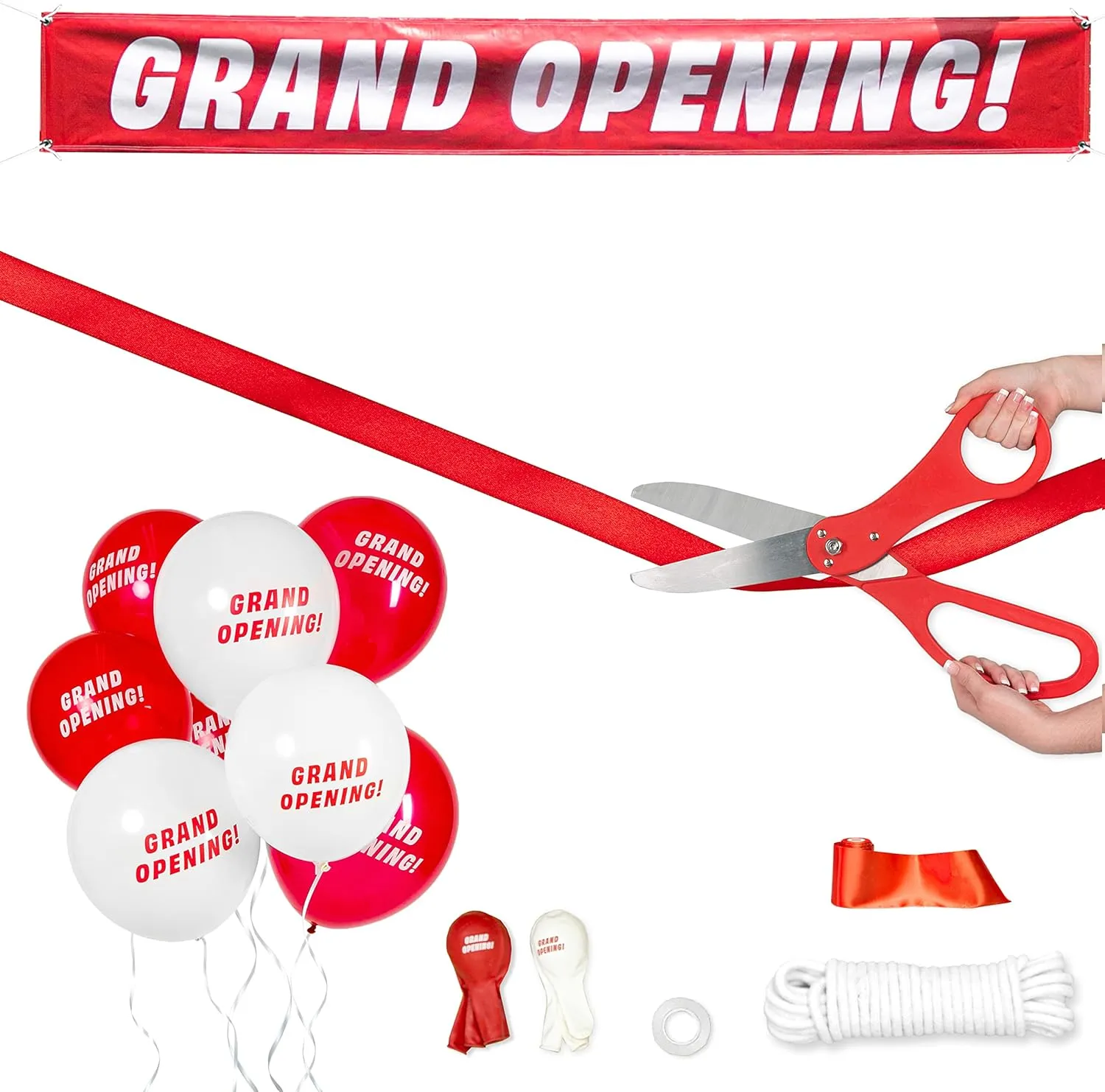 Crutello Deluxe Giant Ribbon Cutting Ceremony Kit 20" Giant Scissor Set, Sharp, Red Handled XL Scissors, 30ft of 4" Wide Red Ribbon, 10ft Banner, 10 Red & 10 White Balloons, Banner Rope, Balloon Rope