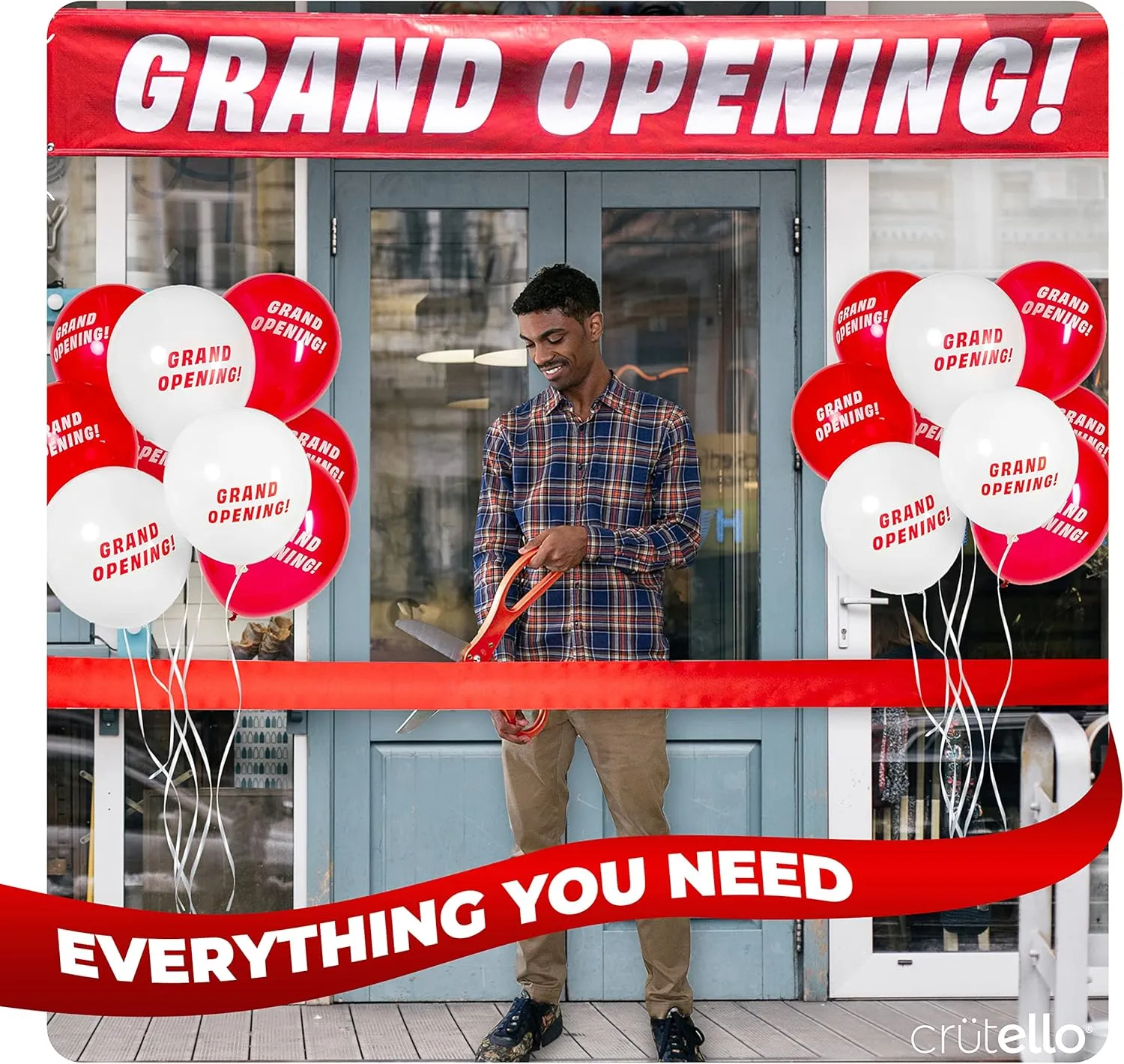 Crutello Deluxe Giant Ribbon Cutting Ceremony Kit 20" Giant Scissor Set, Sharp, Red Handled XL Scissors, 30ft of 4" Wide Red Ribbon, 10ft Banner, 10 Red & 10 White Balloons, Banner Rope, Balloon Rope