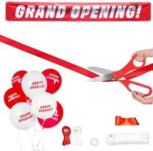 Crutello Deluxe Giant Ribbon Cutting Ceremony Kit 20" Giant Scissor Set, Sharp, Red Handled XL Scissors, 30ft of 4" Wide Red Ribbon, 10ft Banner, 10 Red & 10 White Balloons, Banner Rope, Balloon Rope