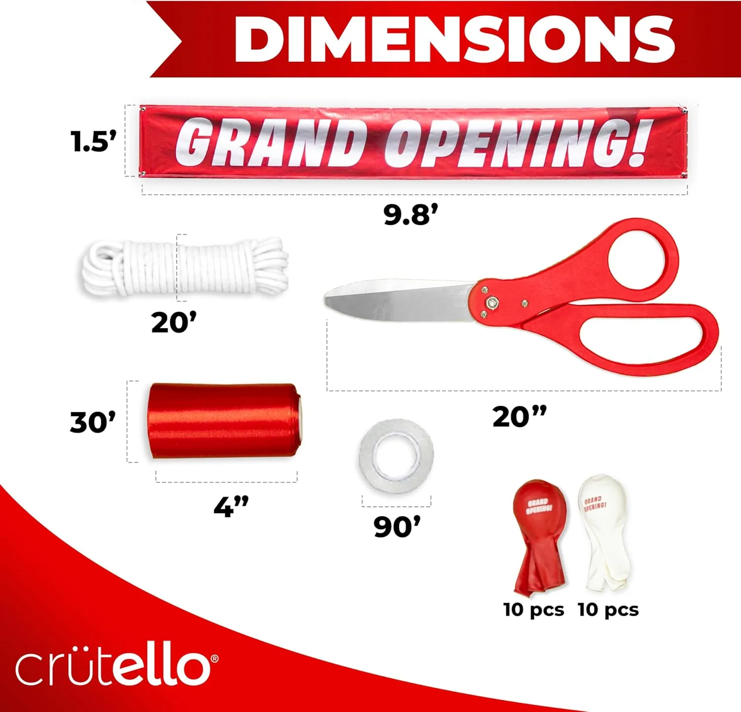 Crutello Deluxe Giant Ribbon Cutting Ceremony Kit 20" Giant Scissor Set, Sharp, Red Handled XL Scissors, 30ft of 4" Wide Red Ribbon, 10ft Banner, 10 Red & 10 White Balloons, Banner Rope, Balloon Rope