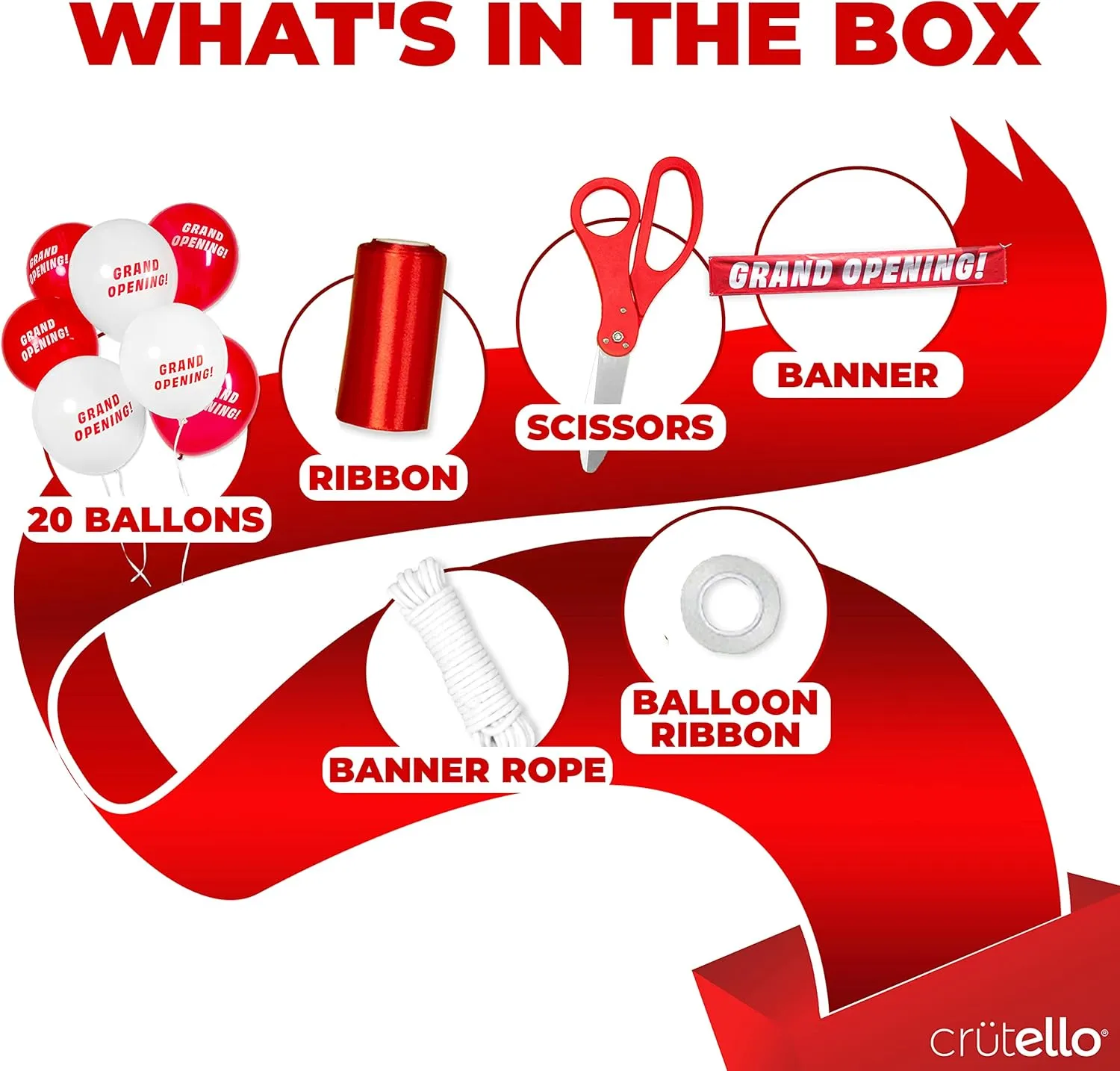 Crutello Deluxe Giant Ribbon Cutting Ceremony Kit 20" Giant Scissor Set, Sharp, Red Handled XL Scissors, 30ft of 4" Wide Red Ribbon, 10ft Banner, 10 Red & 10 White Balloons, Banner Rope, Balloon Rope