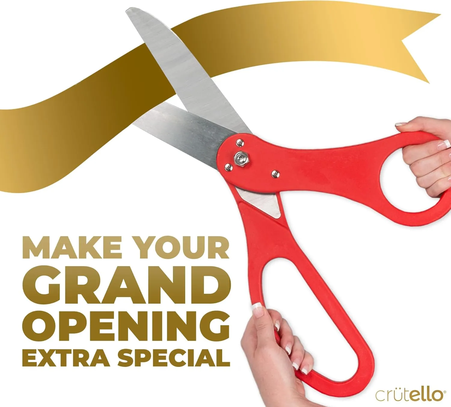 Crutello Giant Ribbon Cutting Ceremony Kit 20" Giant Scissor Ribbons For Crafts, Sharp, Red Handled Durable XL Scissors, and 30 Feet of Oversized 4" Wide Gold Ribbon