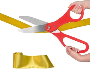 Crutello Giant Ribbon Cutting Ceremony Kit 20" Giant Scissor Ribbons For Crafts, Sharp, Red Handled Durable XL Scissors, and 30 Feet of Oversized 4" Wide Gold Ribbon