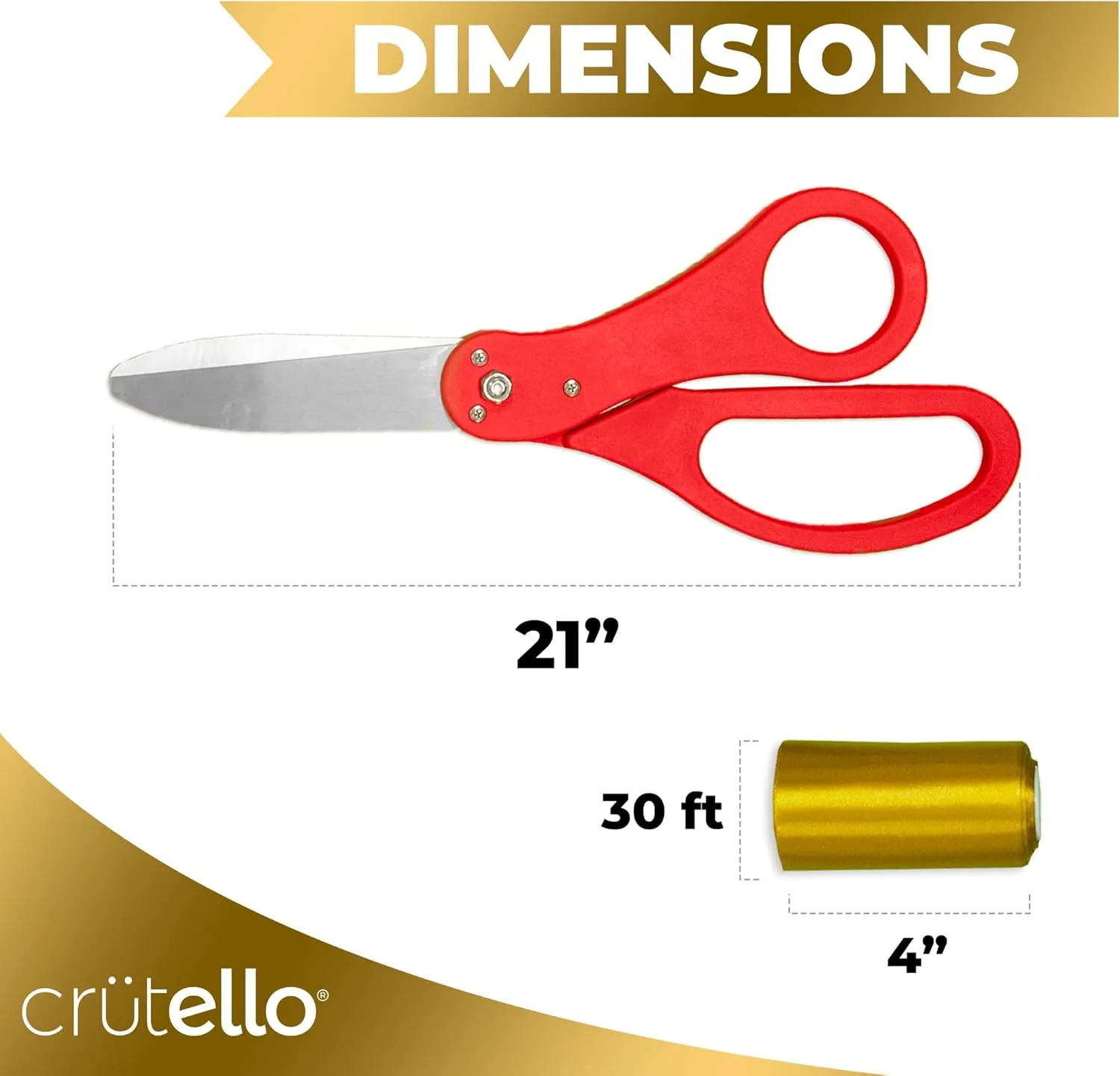 Crutello Giant Ribbon Cutting Ceremony Kit 20" Giant Scissor Ribbons For Crafts, Sharp, Red Handled Durable XL Scissors, and 30 Feet of Oversized 4" Wide Gold Ribbon