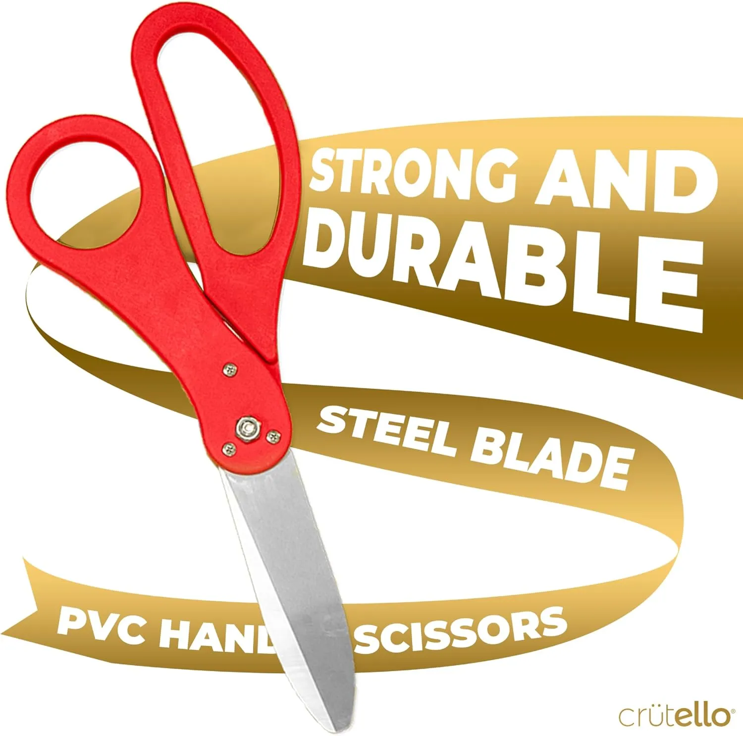Crutello Giant Ribbon Cutting Ceremony Kit 20" Giant Scissor Ribbons For Crafts, Sharp, Red Handled Durable XL Scissors, and 30 Feet of Oversized 4" Wide Gold Ribbon
