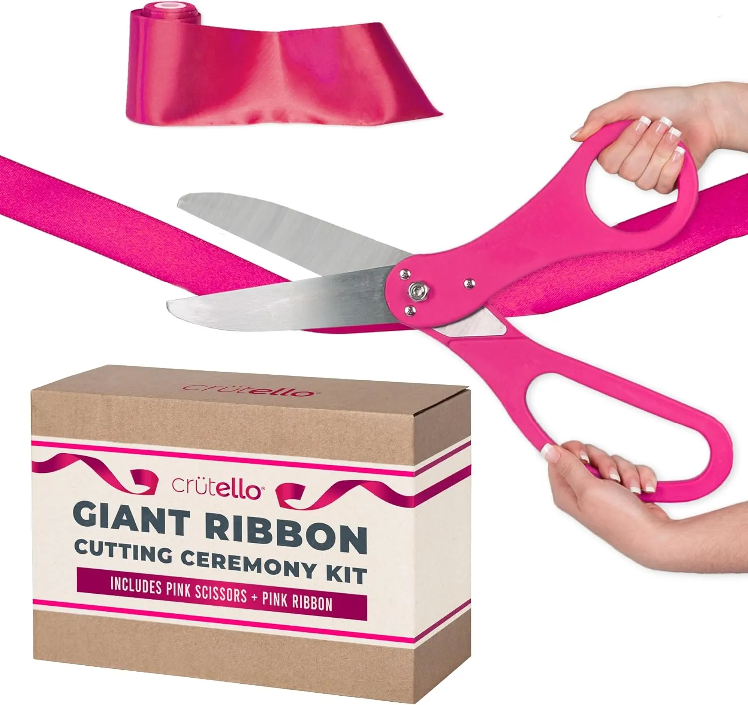 Crutello Giant Ribbon Cutting Ceremony Kit 21" Grand Opening Scissors Set with Sharp, Pink Handled Durable XL Scissors, and 30 Feet of Oversized 4" Wide Pink Ribbon