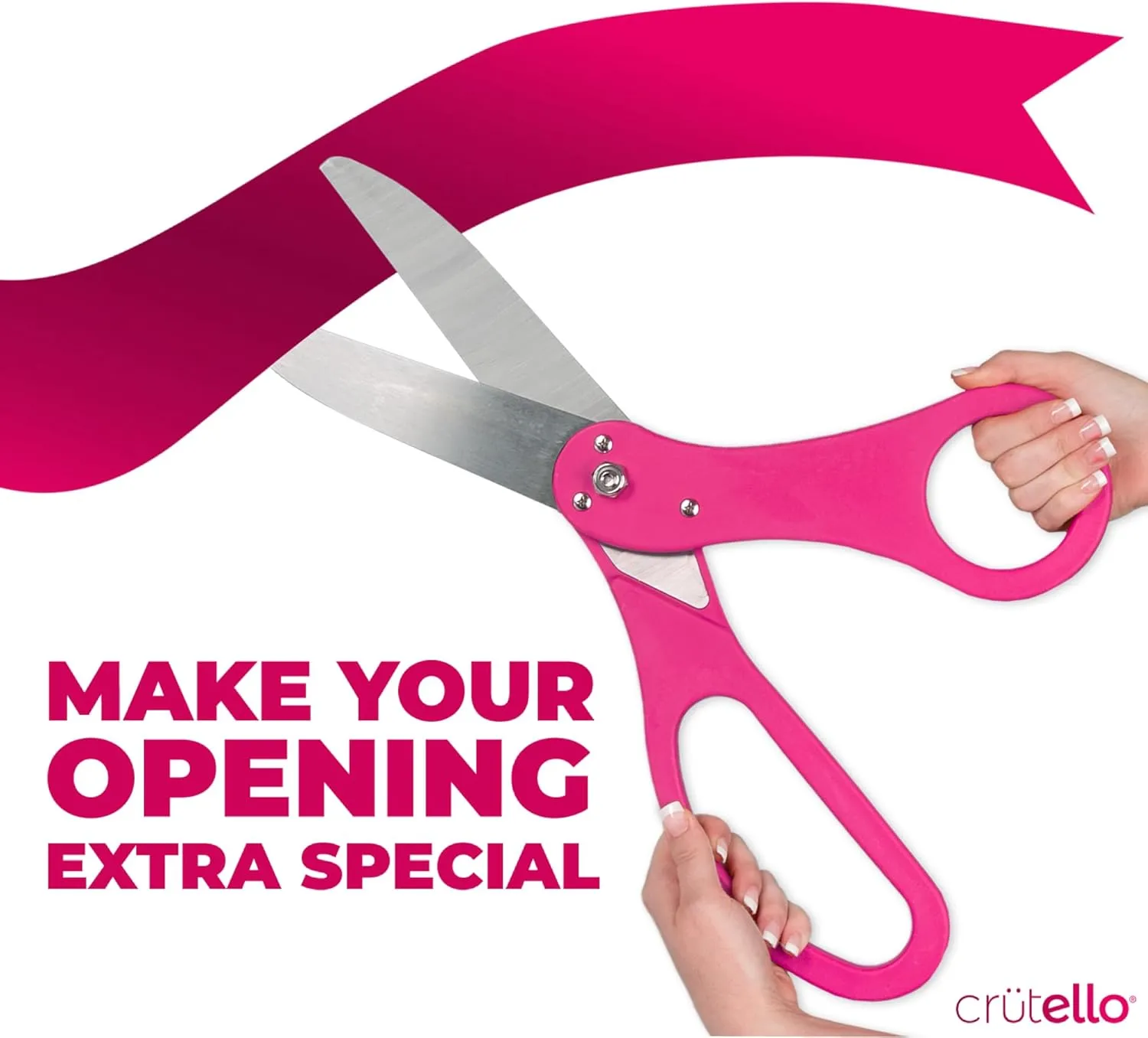 Crutello Giant Ribbon Cutting Ceremony Kit 21" Grand Opening Scissors Set with Sharp, Pink Handled Durable XL Scissors, and 30 Feet of Oversized 4" Wide Pink Ribbon