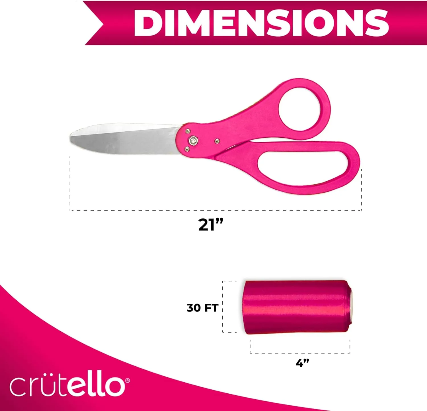 Crutello Giant Ribbon Cutting Ceremony Kit 21" Grand Opening Scissors Set with Sharp, Pink Handled Durable XL Scissors, and 30 Feet of Oversized 4" Wide Pink Ribbon