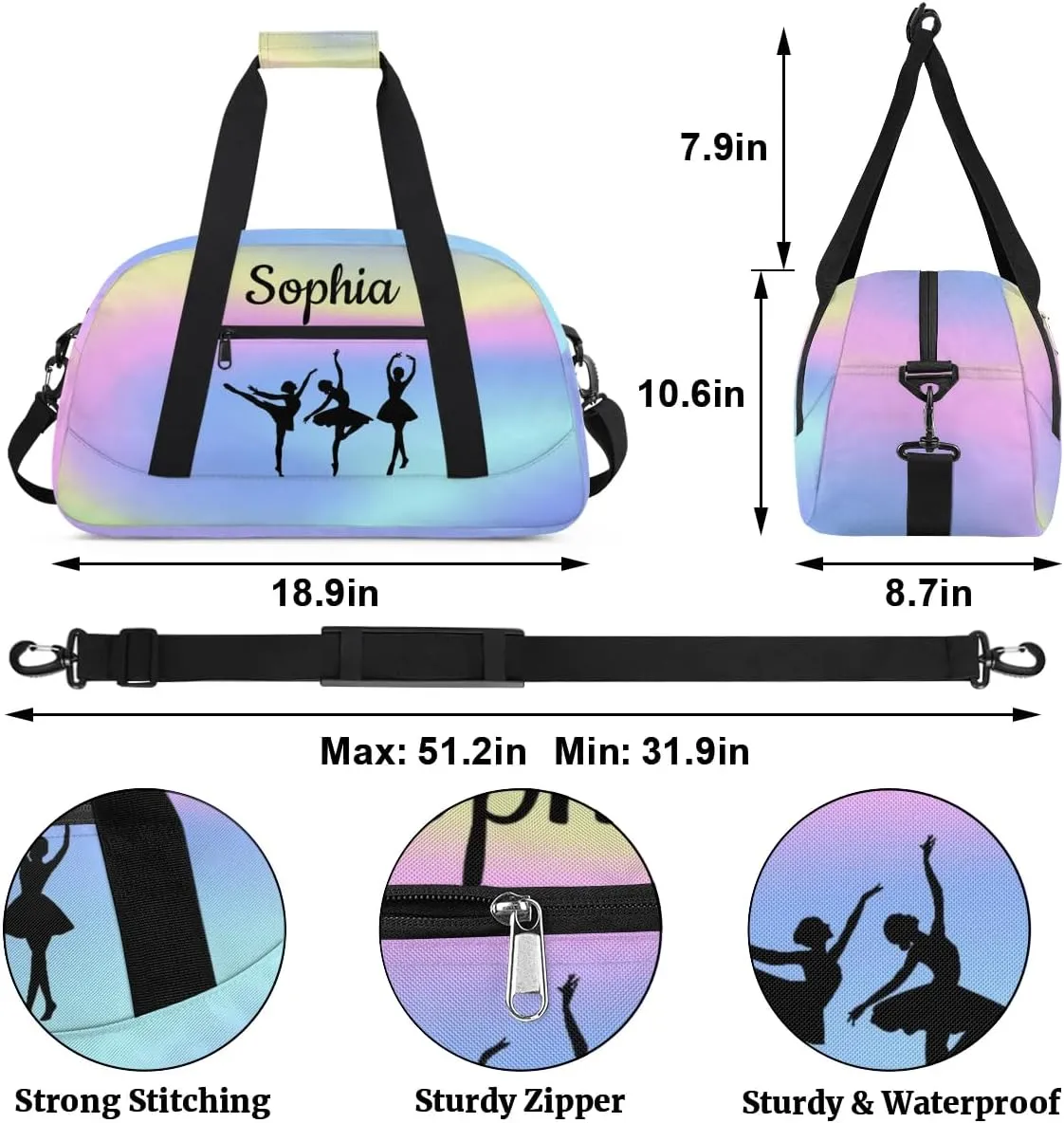 Custom Dance Duffel Bag Personalized Ballet Dance Duffel Bags Gym Bag with Name Waterproof Dance Bag for Women, Colorful Blue