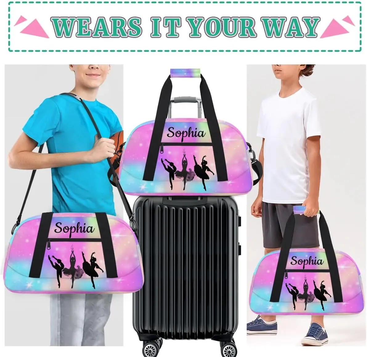 Custom Dance Duffel Bag Personalized Ballet Dance Duffel Bags Gym Bag with Name Waterproof Dance Bag for Women, Rainbow Sparkly