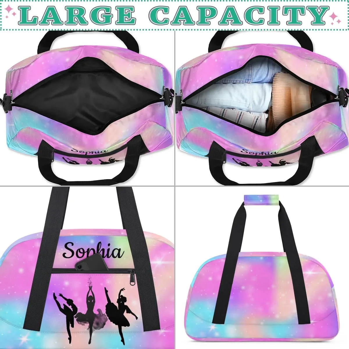 Custom Dance Duffel Bag Personalized Ballet Dance Duffel Bags Gym Bag with Name Waterproof Dance Bag for Women, Rainbow Sparkly