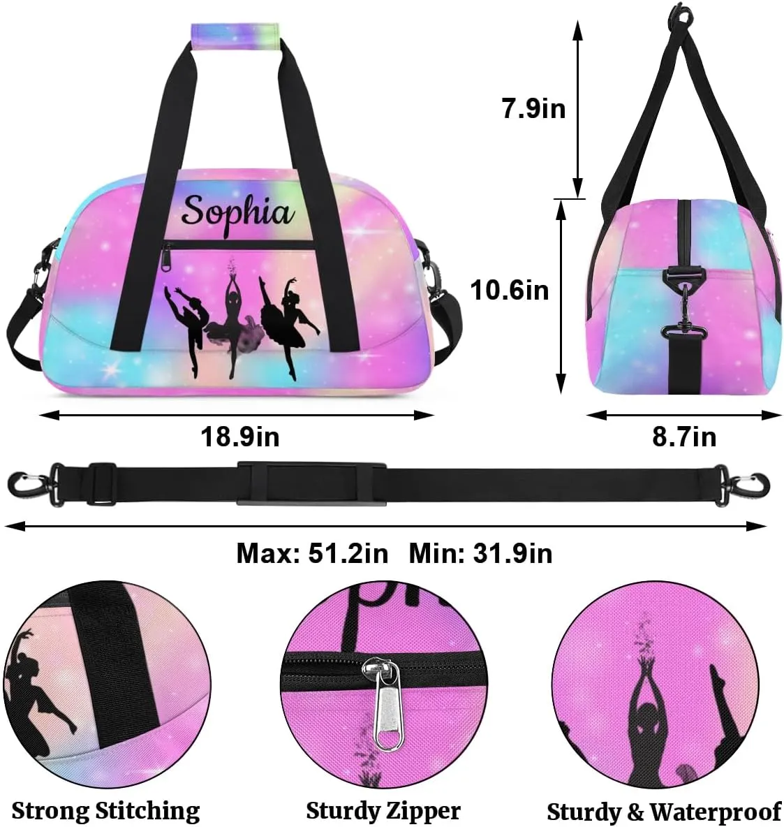 Custom Dance Duffel Bag Personalized Ballet Dance Duffel Bags Gym Bag with Name Waterproof Dance Bag for Women, Rainbow Sparkly