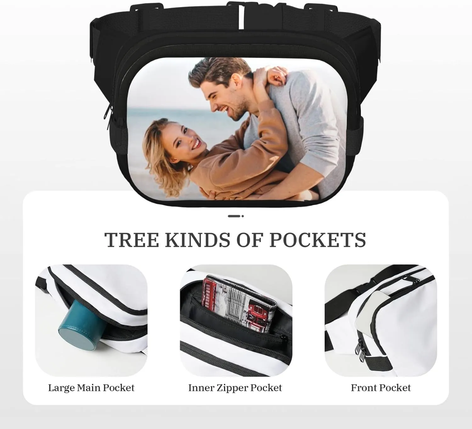 Custom Fanny Pack Unisex, Personalized Belt Bag with Name Text Logo Photo, Customized Waist Packs Gift for Sport Workout Running Hiking Travel, Black