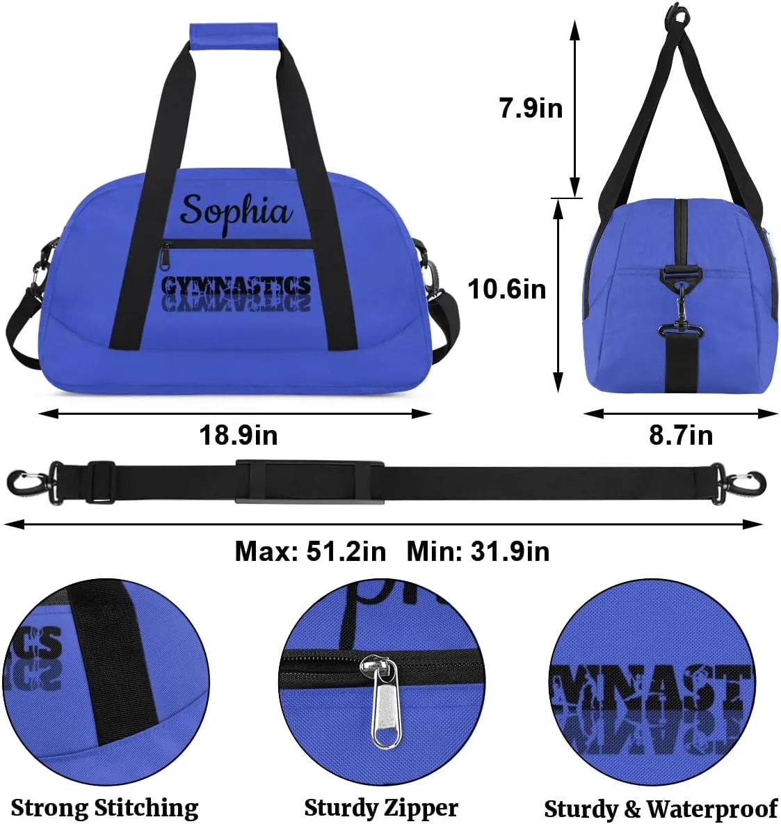Custom Gymnastics Duffel Bag Personalized Gym Duffel Bags Dance Bag with Name Customized Gymnastics Bag for Women, Blue