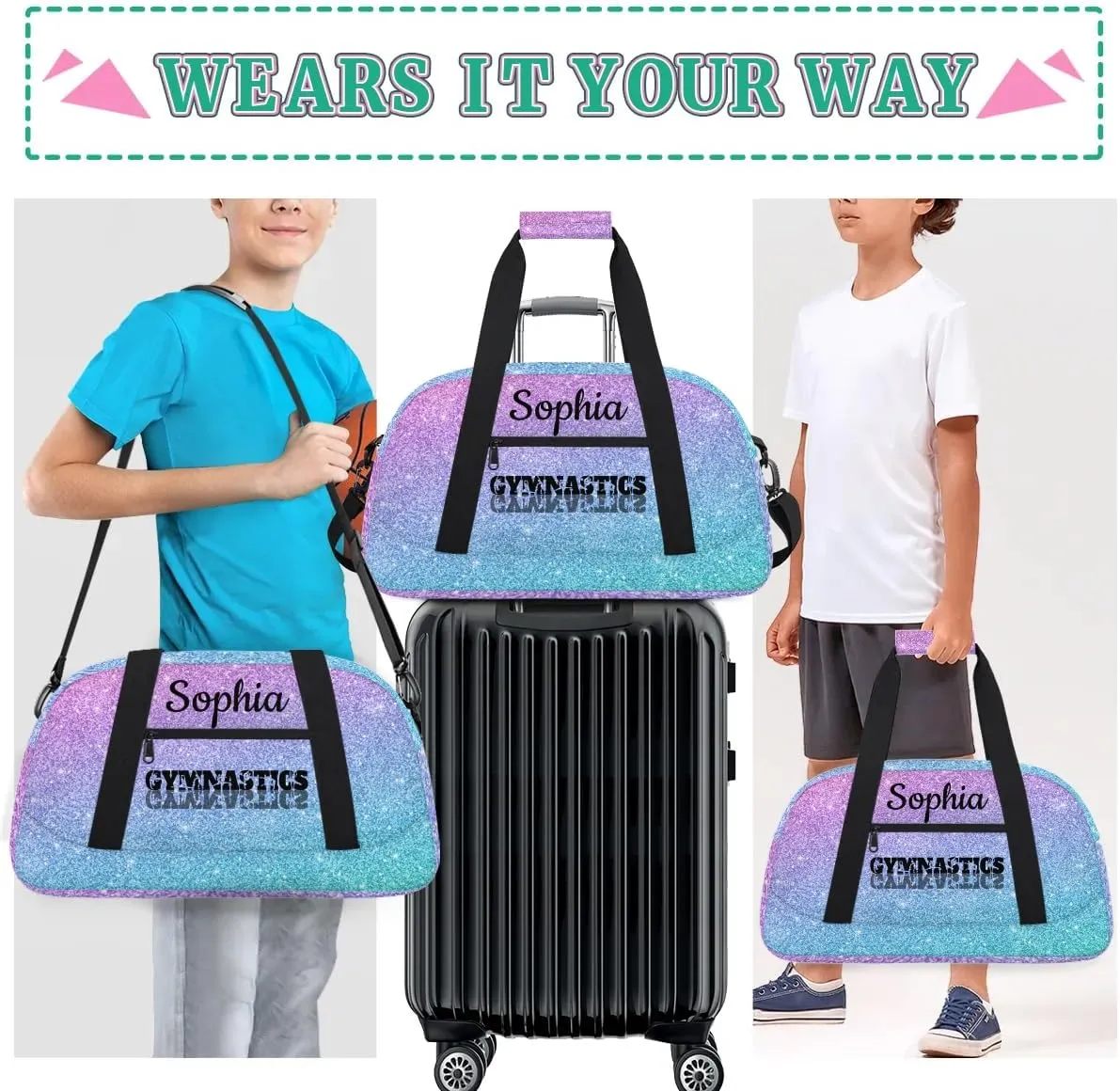 Custom Gymnastics Duffel Bag Personalized Gym Duffel Bags Dance Bag with Name Customized Gymnastics Bag for Women, Gradient Blue