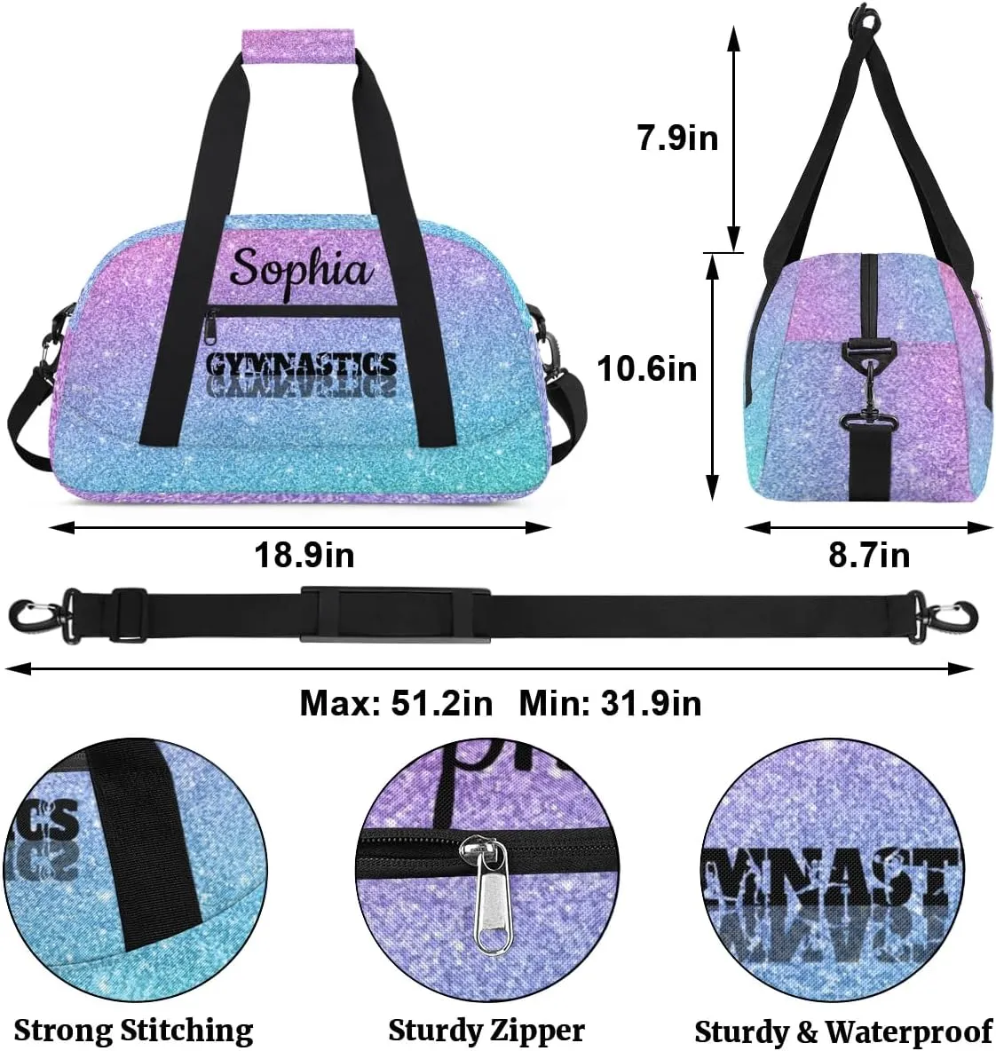 Custom Gymnastics Duffel Bag Personalized Gym Duffel Bags Dance Bag with Name Customized Gymnastics Bag for Women, Gradient Blue