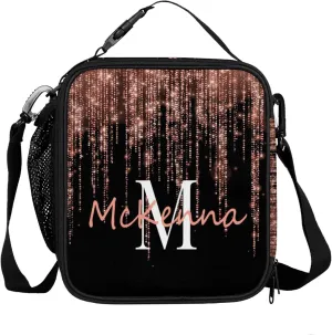 Custom Lunch Tote Box with Buchle Design, Customizable Your Name Insulated Cooler Lunch Bag Reusable Picnic Bag Tote with Adjustable Shoulder Strap, Light Orange Glittering Curtain Dream